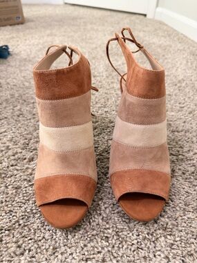 Suede Striped Peep-Toe Ankle Booties - Neutral Multi
